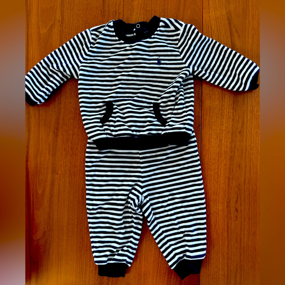 Ralph Lauren Navy and White Striped Velour Baby Jumpsuit